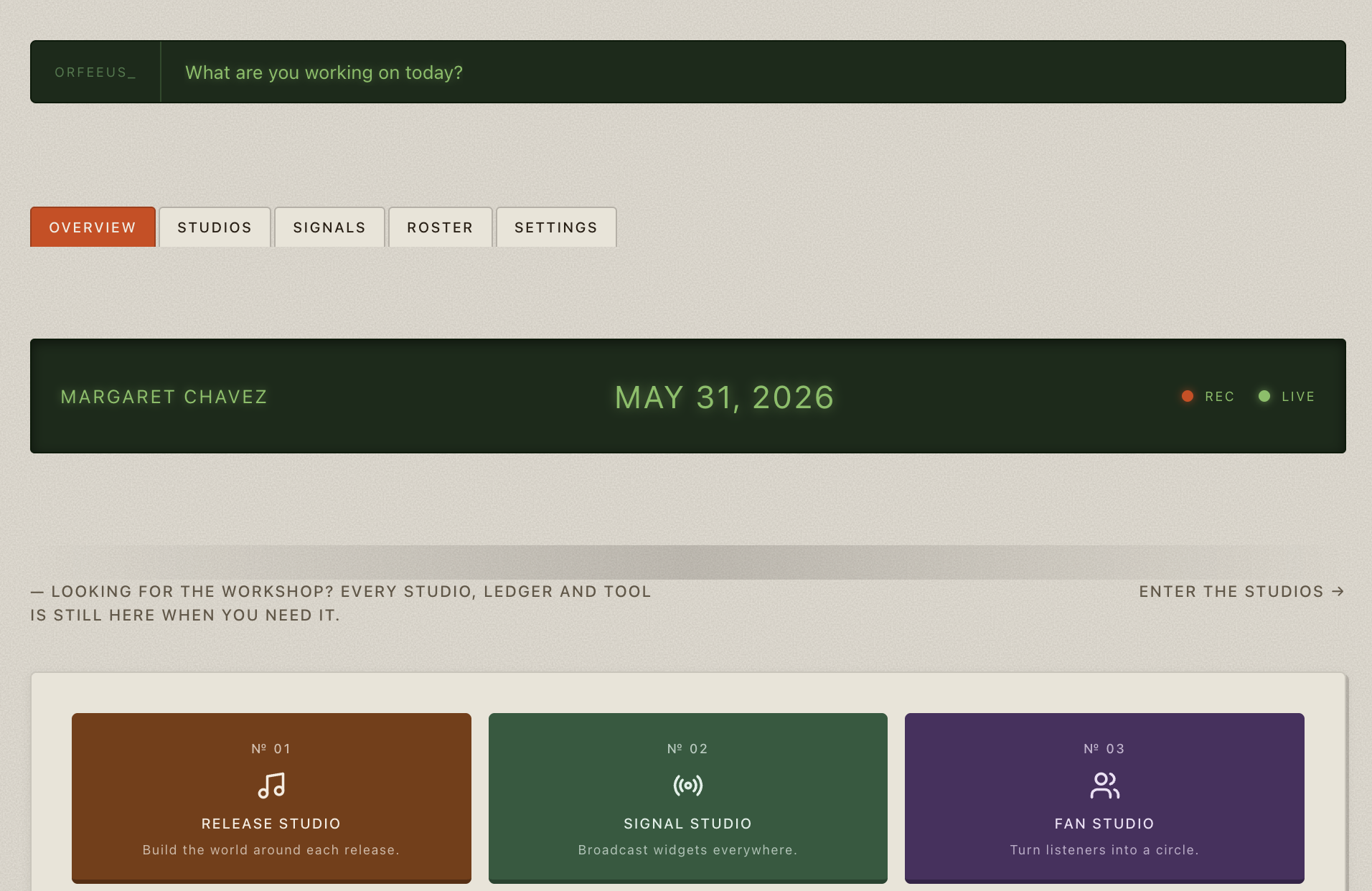 Orfeeus dashboard — Pleasant Grove home view with sidebar navigation and intent cards
