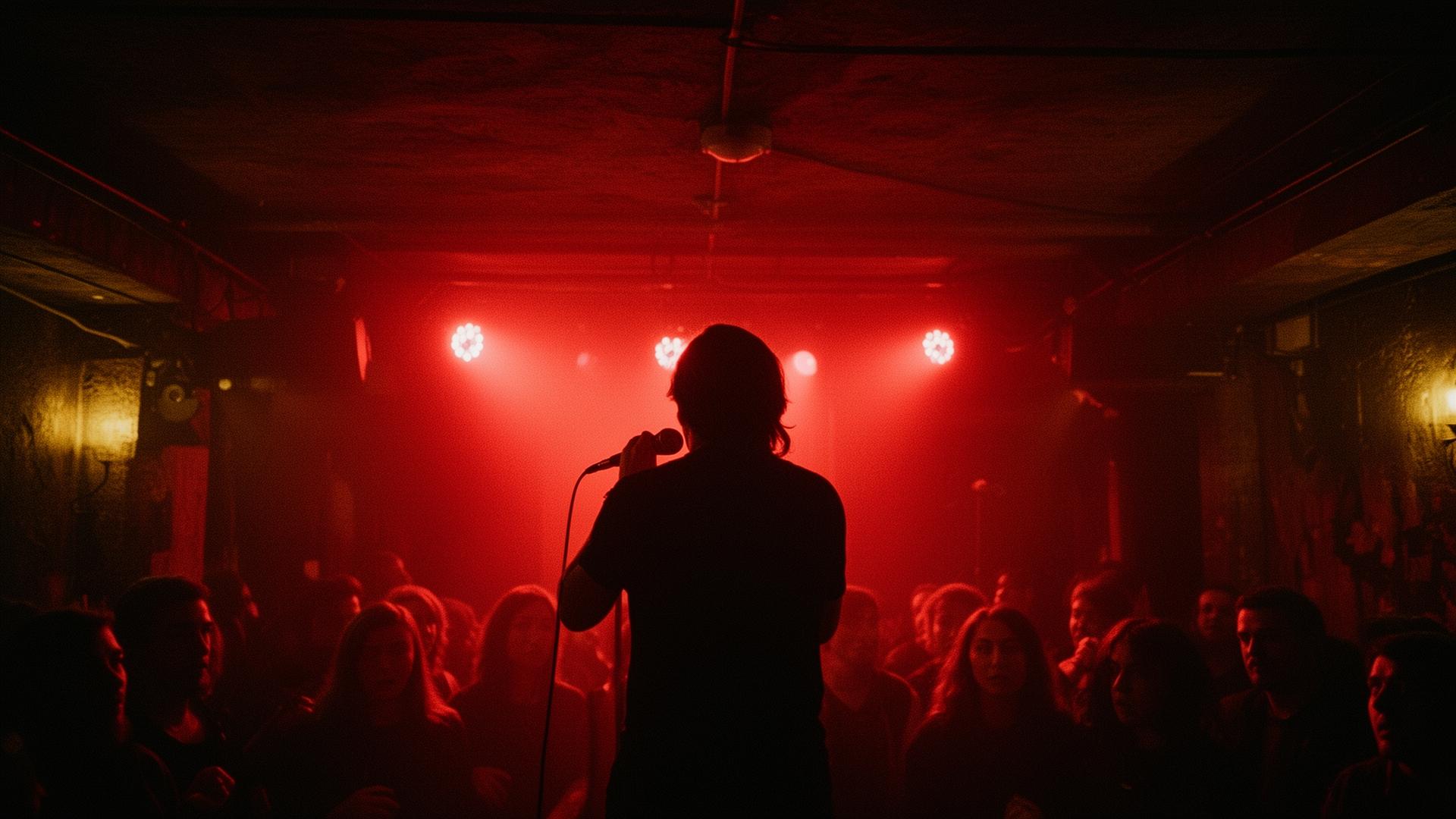 Singer silhouetted on a dim stage in red light