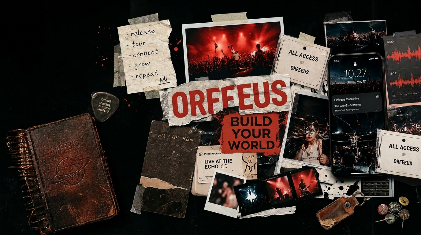 Orfeeus collage — release notes, polaroids, mixing console, fan signals